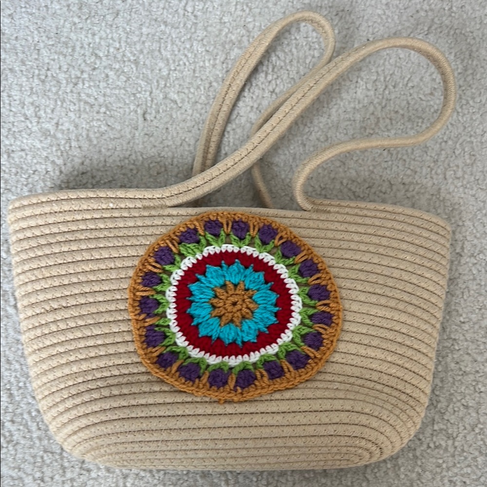 Tan and Red Tote with Vibrant Medallion Design